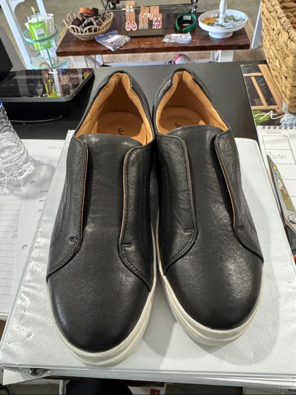 J Slides Black Leather Slip-On Sneakers with White Platform Sole